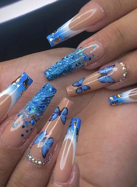 跨境蝴蝶美甲蓝色穿戴甲长款芭蕾假指甲press on nail可拆卸甲片