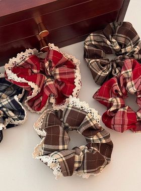 跨境红色蕾丝格子大肠发圈女高级感新年耶诞氛围感韩系发圈发圈头