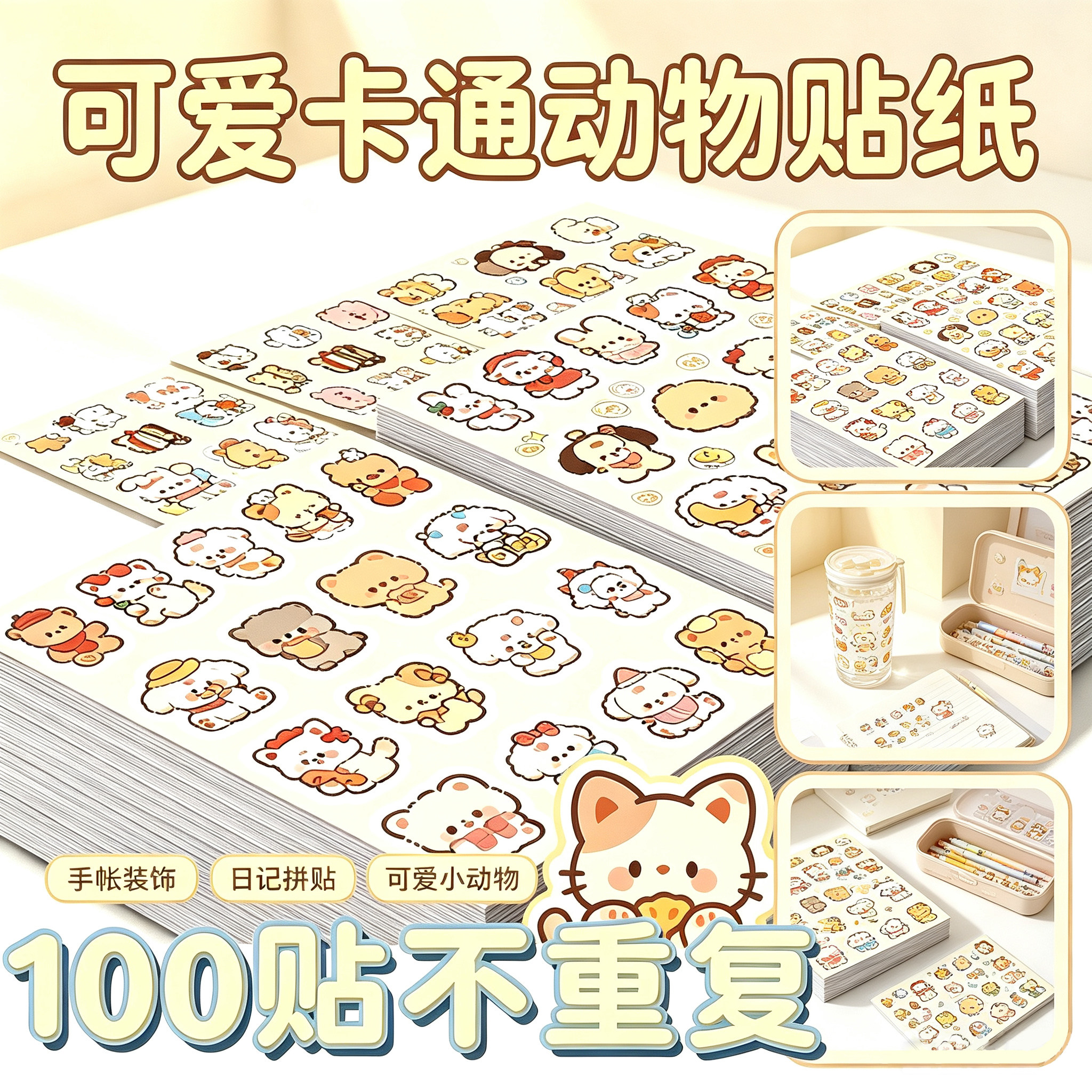 400贴卡通小动物头像动物森友会彩绘猫咪小狗老虎大象儿童玩具奖励贴装饰手机壳手账本素材防水不干胶贴画纸