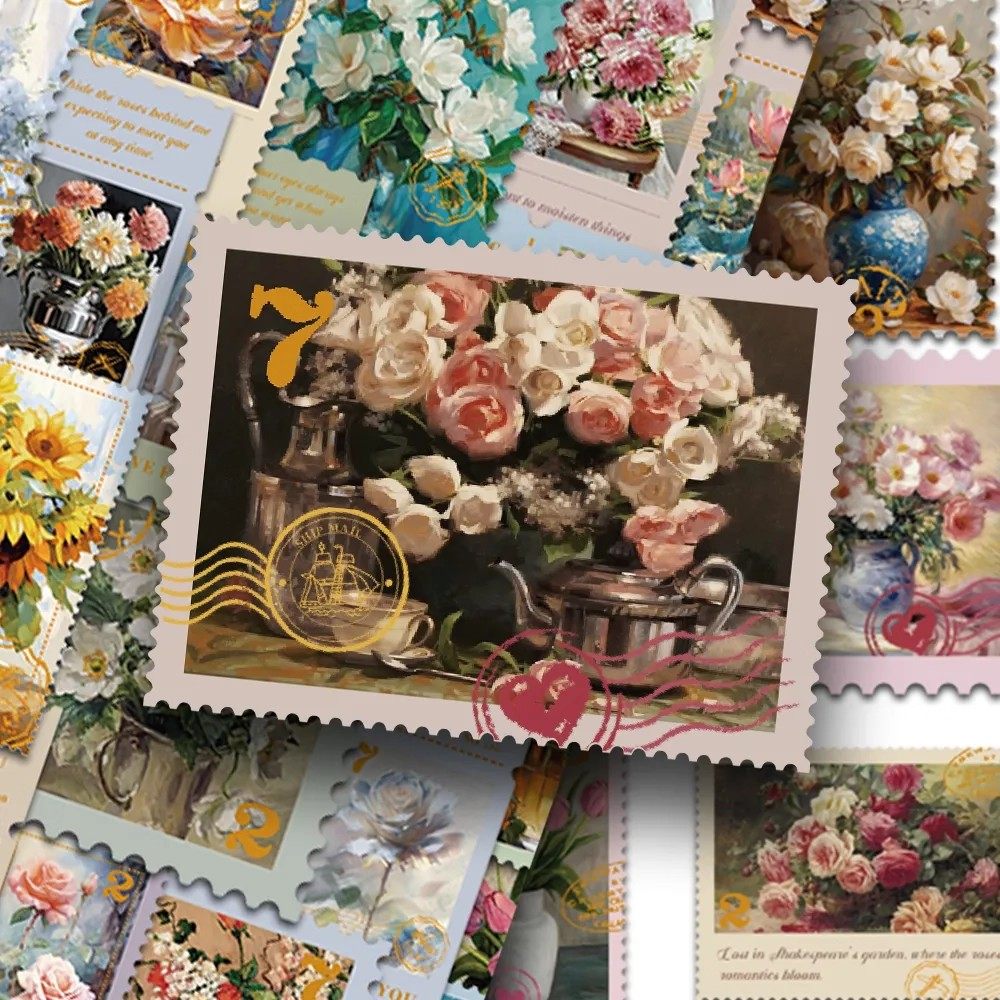 【大图释官方授权】150张花卉邮票贴纸复古风花朵油画diy自粘手账手机壳行李箱笔记本装饰素材不干胶防水贴画
