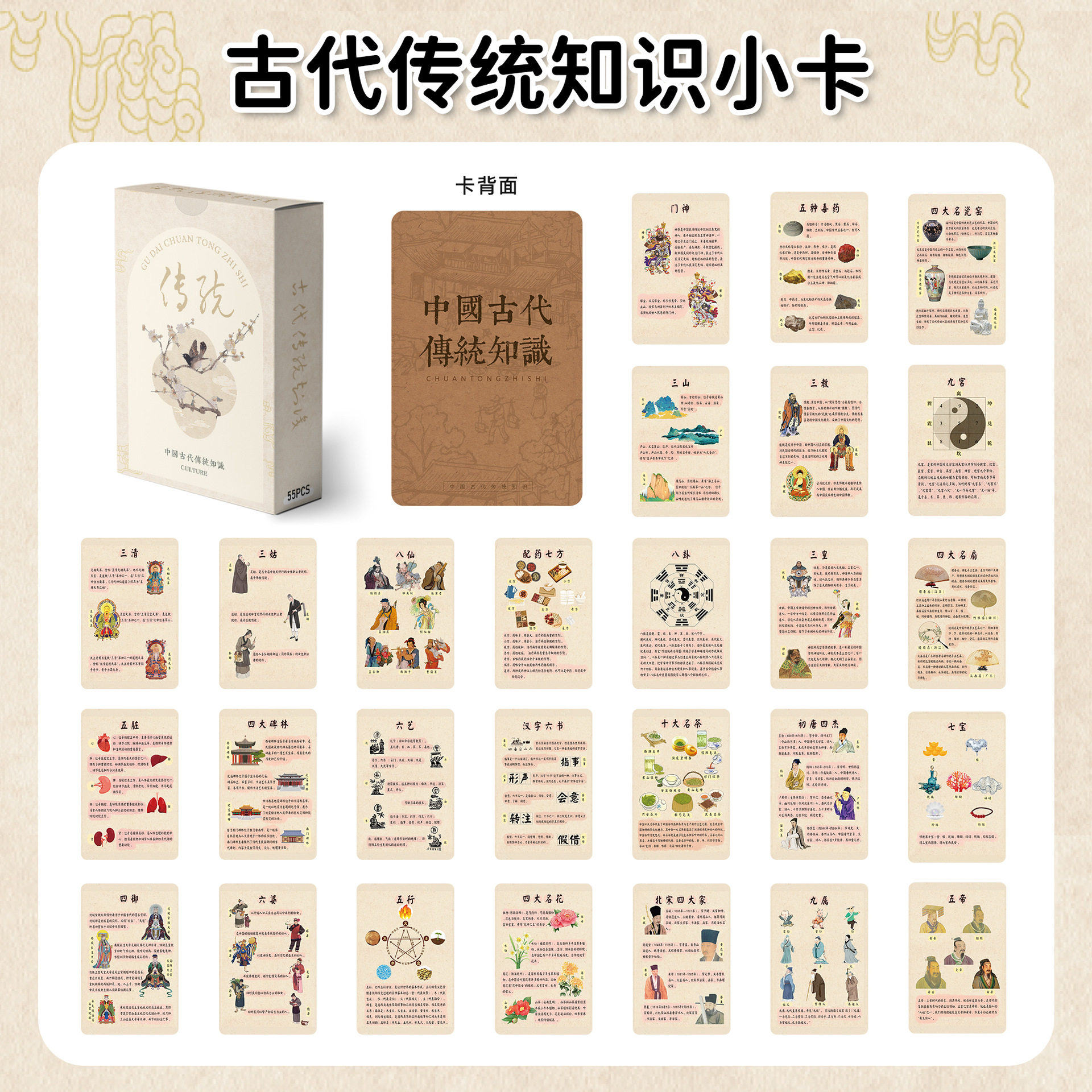 【大图释官方授权】55张原创古代传统知识自印小卡科普历史学生文化知识辅助便携学习盒装卡通小人物标签卡片