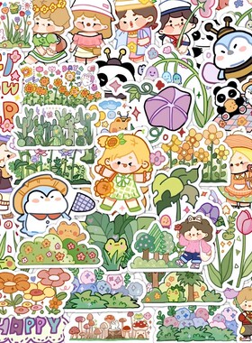 60张春天之旅清新绿色可爱小女孩贴纸包 手机手账水杯笔记本贴画