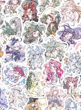 63张二次元图插画贴纸手绘高颜值diy防水素材封口贴手账ins小贴画
