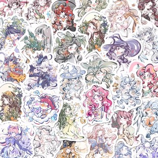 63张二次元图插画贴纸手绘高颜值diy防水素材封口贴手账ins小贴画