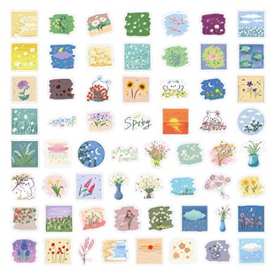 60张春天温柔风花卉涂鸦贴纸个性创意四季风景行李箱手账儿童贴画