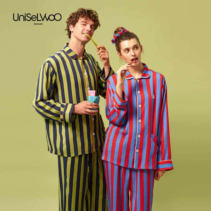 呦卧条纹撞色睡衣女天丝冬季过年家居服套装新年情侣款男长袖睡衣,女士内衣/男士内衣/家居服,睡衣/家居服套装,淘宝优惠券,粉丝福利购,淘宝优惠卷