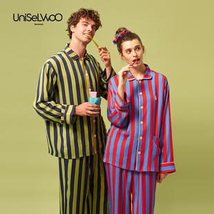 呦卧春新款条纹睡衣女100%兰精天丝高级感家居服情侣款男长袖睡衣