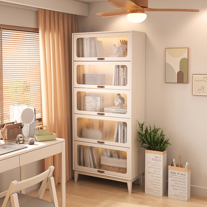 防尘书柜带玻璃门奶油风带门家用收纳儿童展示柜客厅收纳柜全实木