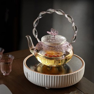 粉色蝴蝶花茶壶耐热玻璃煮茶壶家用茶具电陶炉煮茶提梁壶泡茶壶