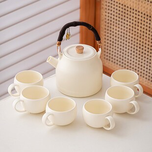 家用送礼现代简约中式 奶油风小清新功夫茶具套装 提梁茶壶茶杯一套