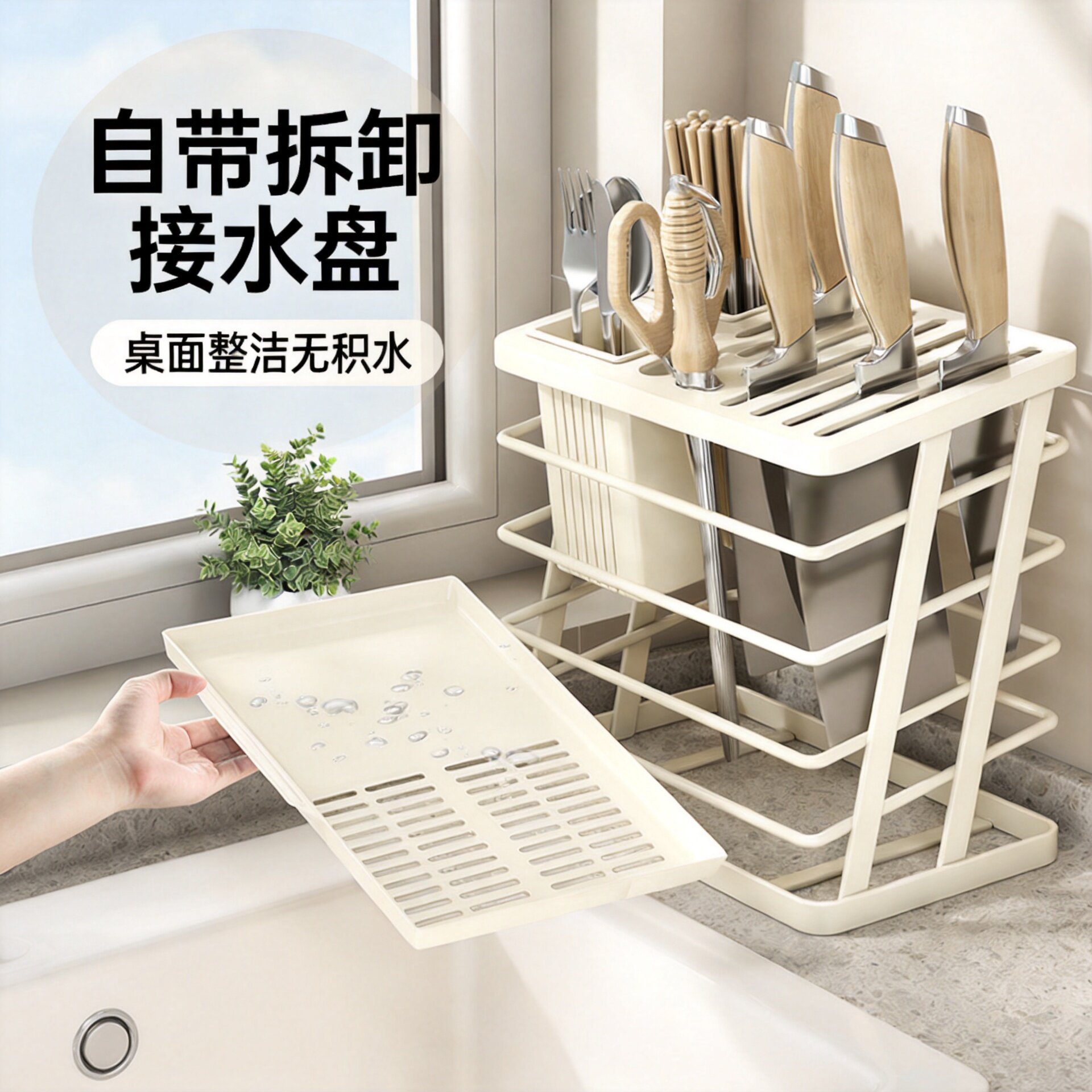 多功能厨房刀架置物架家用带接水盘沥水刀具收纳架多层刀座筷子筒