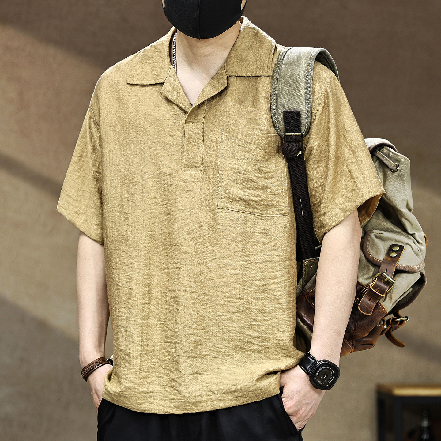 美式潮牌古巴领短袖衬衫男士夏季薄款宽松冰丝凉感亚麻半袖衬衣
