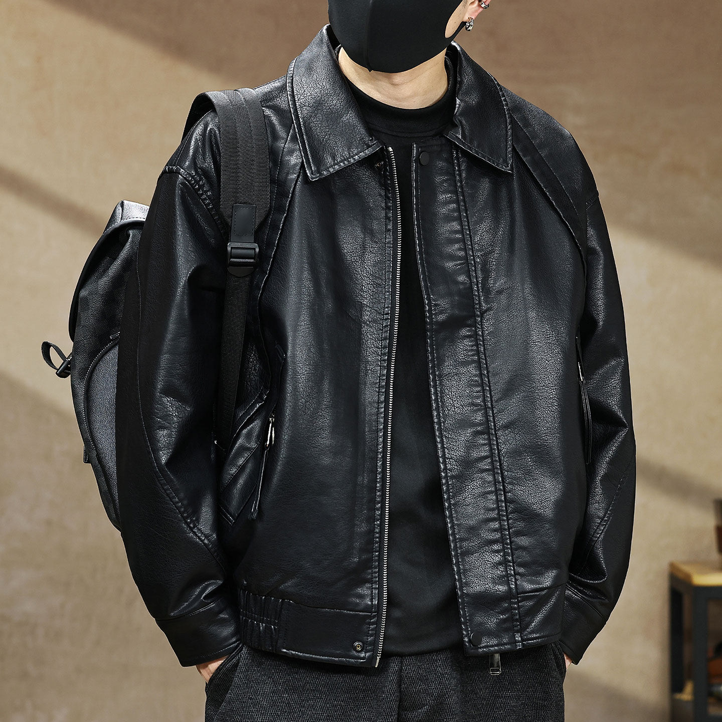 高端美式复古PU皮衣外套男秋季新款休闲上衣痞帅机车服翻领皮夹克