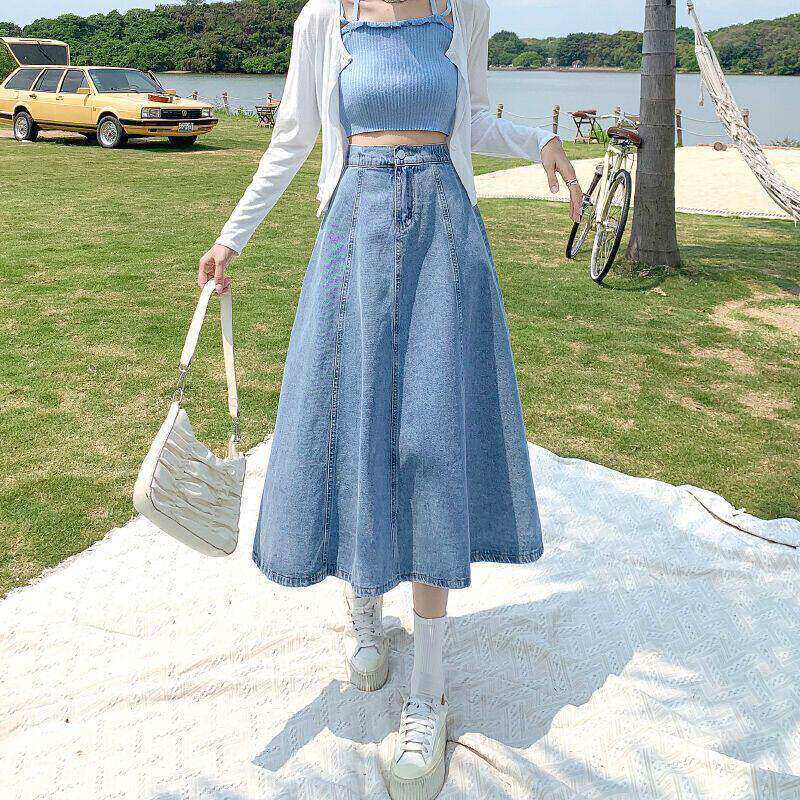 夏季时尚潮流牛仔半身裙女薄款小个子中长款遮跨高腰显瘦a字长裙