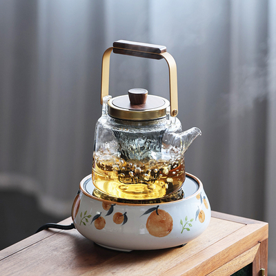 银槐树手绘大吉大利电陶炉煮茶器煮茶炉耐高温全玻璃烧水壶煮茶壶