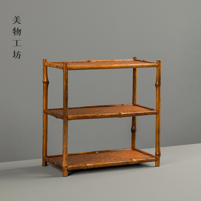 梅鹿席面小茶棚竹编收纳架小博古架茶杯茶壶茶具展示架茶具零配