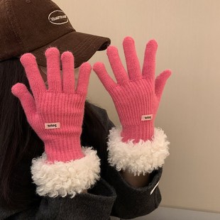 韩版 毛绒边手套女冬2023新款 针织保暖骑车五指分开可触屏防风防寒