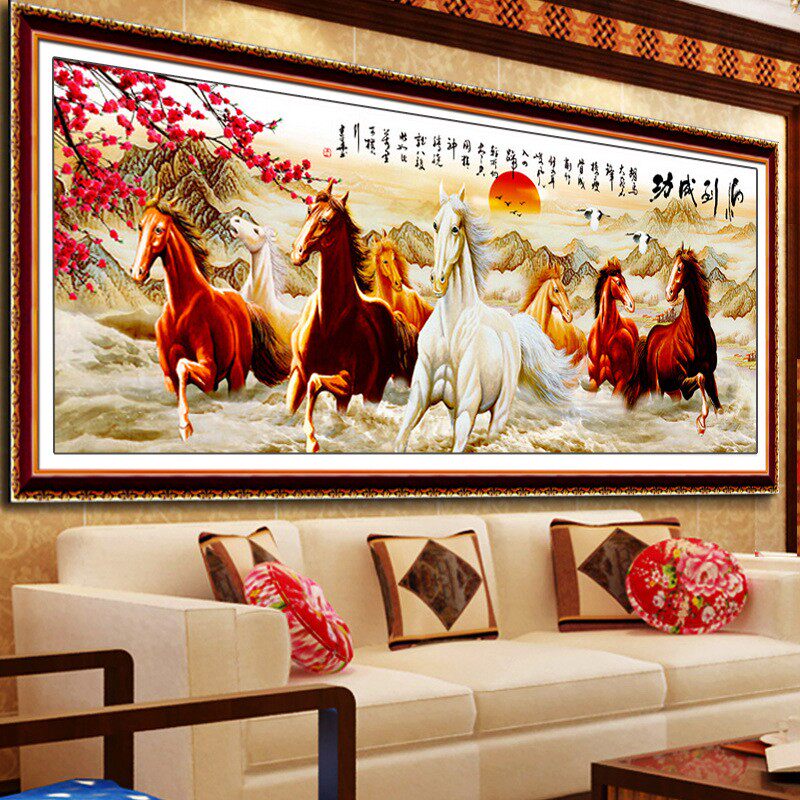 已绣好的纯手工十字绣成品马到成功鸿运高照八骏图客厅装饰画出售
