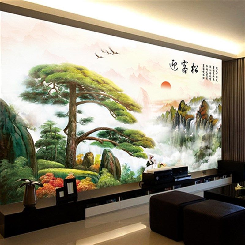 新中式国画山水墙布客厅沙发电视背景墙壁纸迎客松壁画办公室墙纸