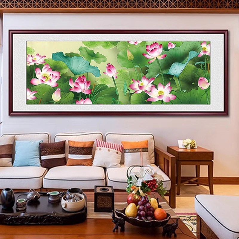 红荷映日十字绣2023新款线绣客厅中式莲花大幅简约花卉手工自己绣