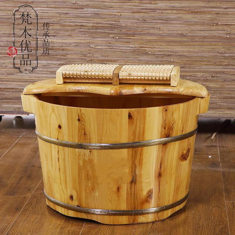 香柏木足浴桶足浴盆洗脚盆泡脚木桶家用脚底木珠加厚木质小号带盖