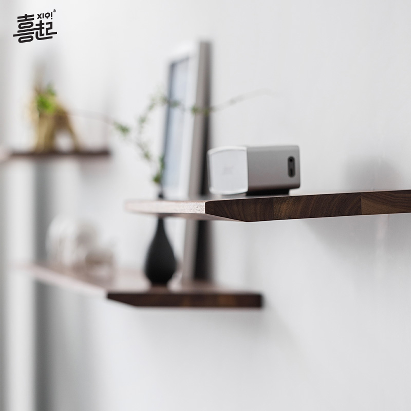 喜起黑胡桃实木墙上搁板 木质墙面一字板置物架 挂墙一字型隔板