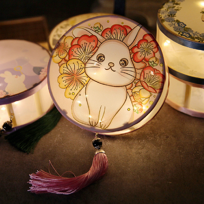 兔年过新年中国风复古宫廷手提花灯发光月兔子花圆灯宫灯成品灯笼