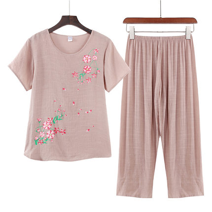 中老年女夏纯棉麻短袖两件套装夏天奶奶妈妈装睡衣上衣裤子家居服