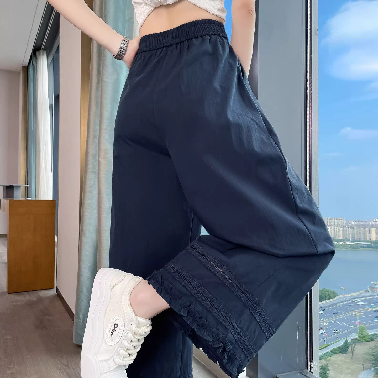 黑色蕾丝花边阔腿裤女夏季薄款