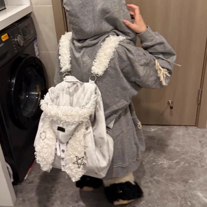 兔耳朵毛毛双肩包女2025新款大容量可爱背包小众高级感斜挎单肩包