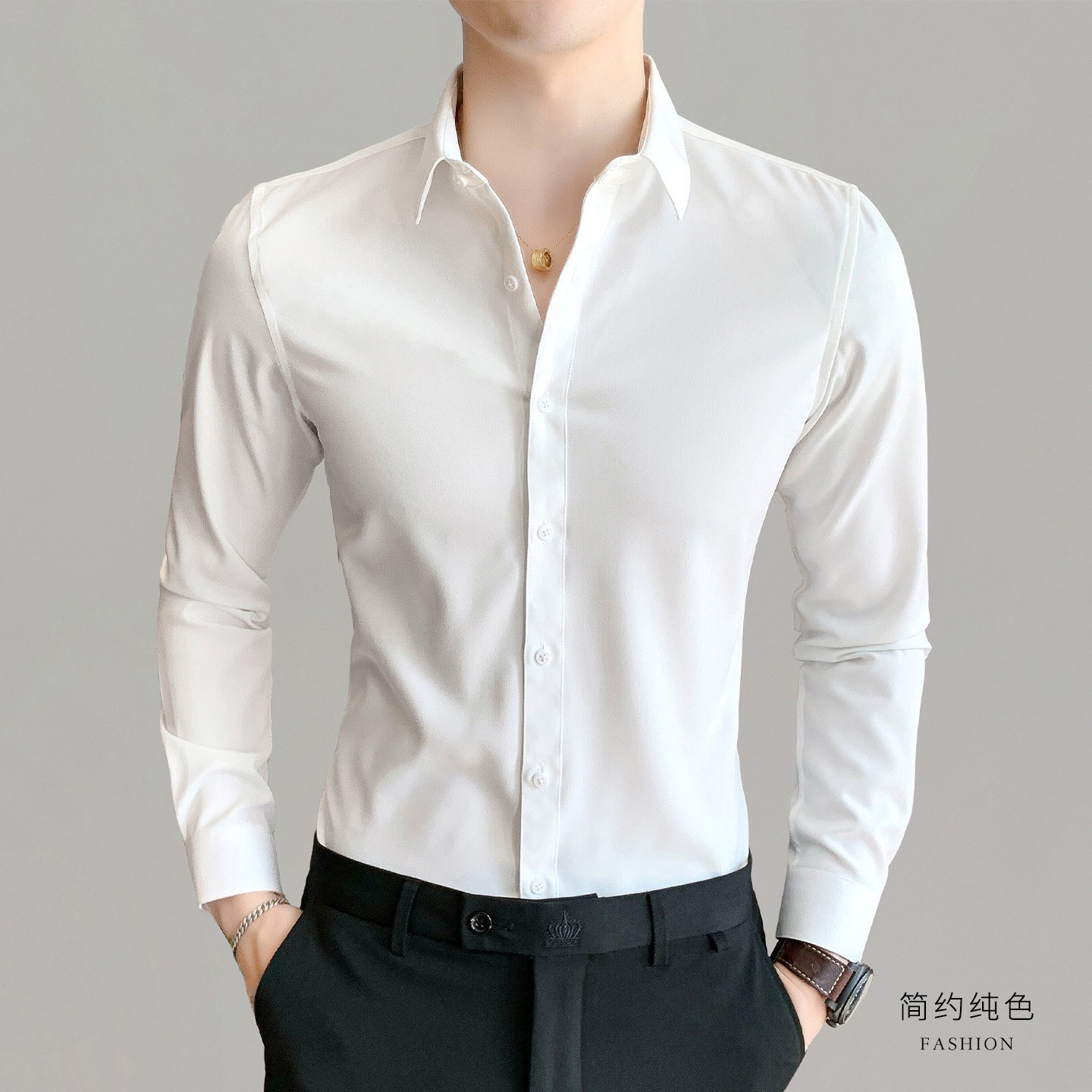 IKAC高端商务白衬衫男新款男装免烫长袖西装2026夏季修身衬衣男士
