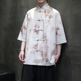 五分袖 薄款 衬衣舞台表演古代服装 中国风夏季 复古半袖 衬衫 男式 中式