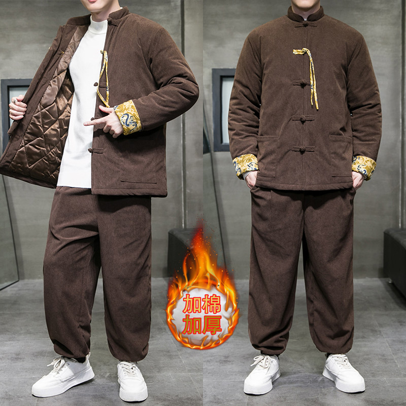 冬季中国风男式灯芯绒棉衣套装