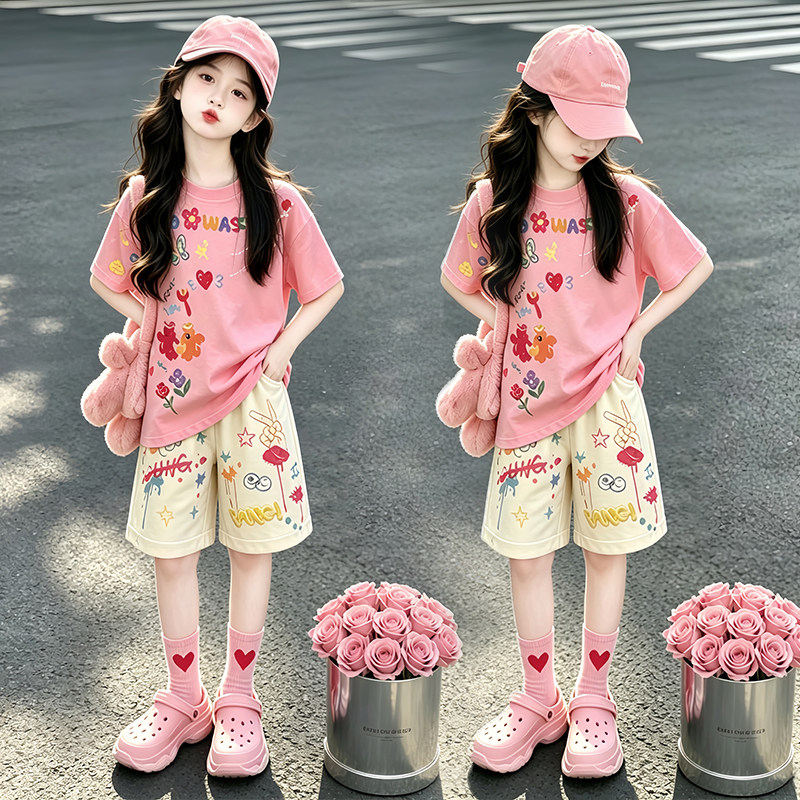 女童夏装套装薄款2026新款儿童多巴胺短袖大童休闲短裤运动两件套