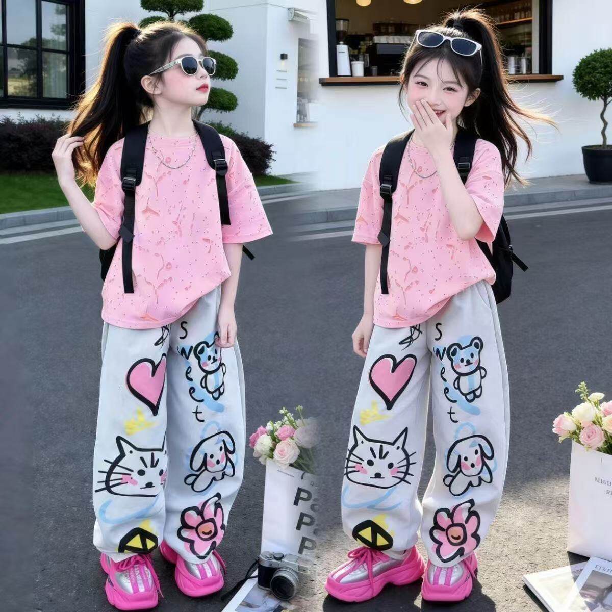 女童夏装套装2026新款洋气中大童夏季短袖女孩休闲牛仔裤两件套潮