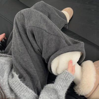 灰色羊羔绒糯米裤女秋冬新款加绒加厚保暖显瘦棉裤外穿休闲阔腿裤