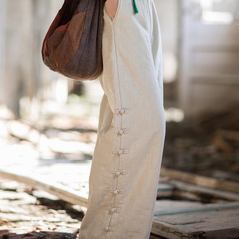 25冬棉麻女装新款苎麻夹棉绗缝长裤原创个性百搭保暖女式直筒棉裤