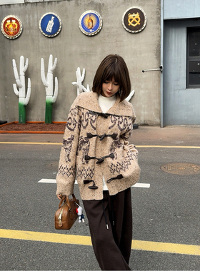 ASBR 原C！复古费尔岛大翻领针织女25冬新款加厚保暖牛角皮扣外套