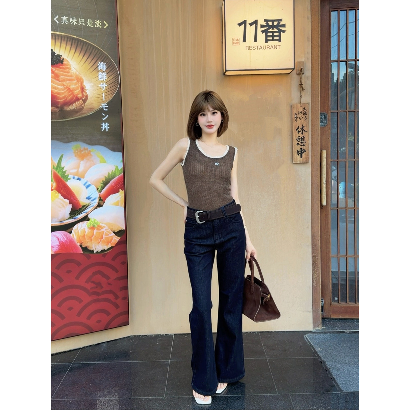 ASBR【腔调腿精】复古氛围感低腰显瘦刺绣微喇牛仔长裤女~附腰带