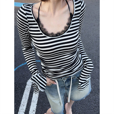 蕾丝撞色针织打底衫条纹修身T恤