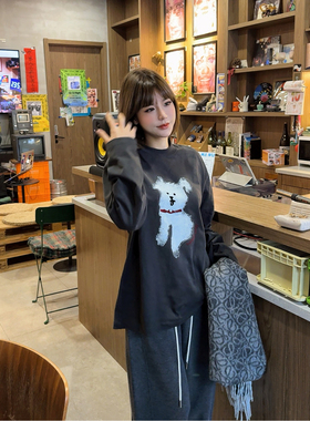 ASBR 原C！长袖精梳棉百搭T恤2025冬新品萌宠抽象小狗怀旧印花女