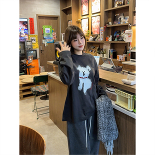 精梳棉百搭T恤2025冬新品 长袖 萌宠抽象小狗怀旧印花女 原C ASBR