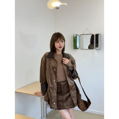 复古做旧棕绒素皮拼接工装夹克
