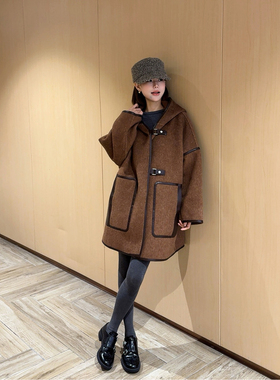 ASBR 原C料！羊毛骆驼绒桑蚕丝连帽毛呢中长款大衣外套女25冬新款