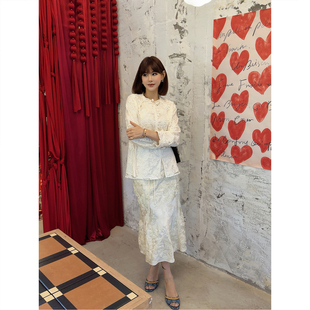 ASBR 原C料！重工盘扣系带斜襟网纱刺绣新中式衬衫立体绣花半身裙