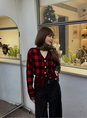 ASBR 原C！绵羊毛山羊绒混纺格子撞色针织开衫25冬新款圣诞红复古