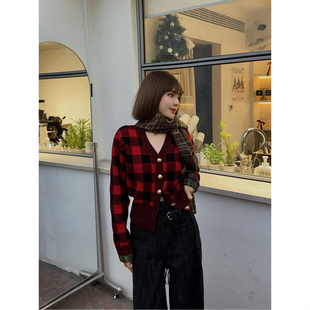 25冬新款 绵羊毛山羊绒混纺格子撞色针织开衫 圣诞红复古 原C ASBR