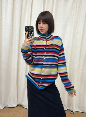 ASBR 原C纱！彩色条纹多扣保暖针织开衫25秋冬新款撞色多巴胺毛衣
