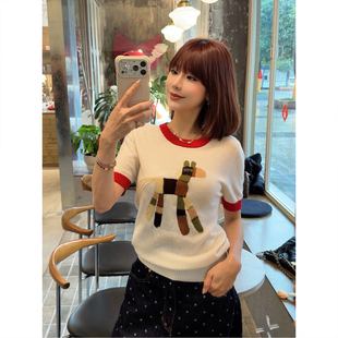 ASBR 原C！100%山羊绒减龄小马刺绣设计感针织短袖上衣女26春新款