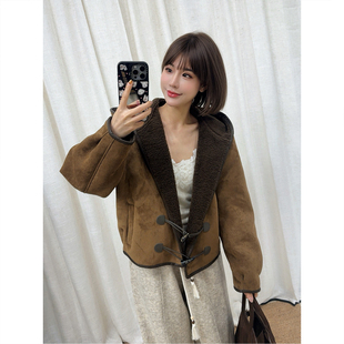 美拉德连帽加绒外套25冬新品 刘浩存同款 复古牛角扣 原C料 ASBR